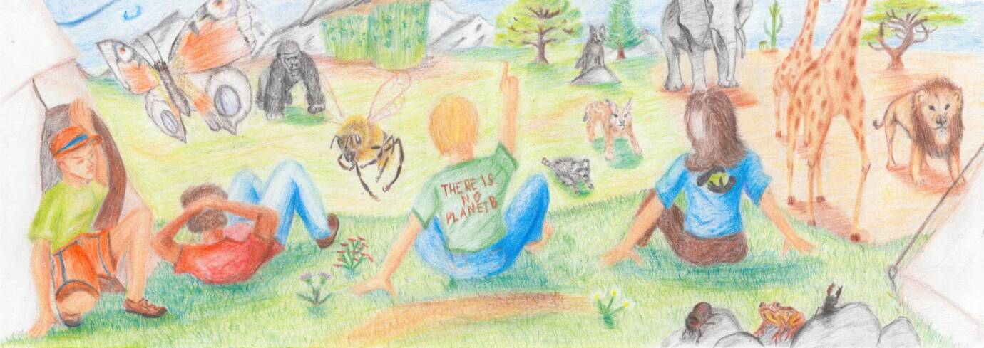 Menschen sitzen und schauen in die Ferne. Im Hintergrund sind verschiedene Tiere zu sehen.