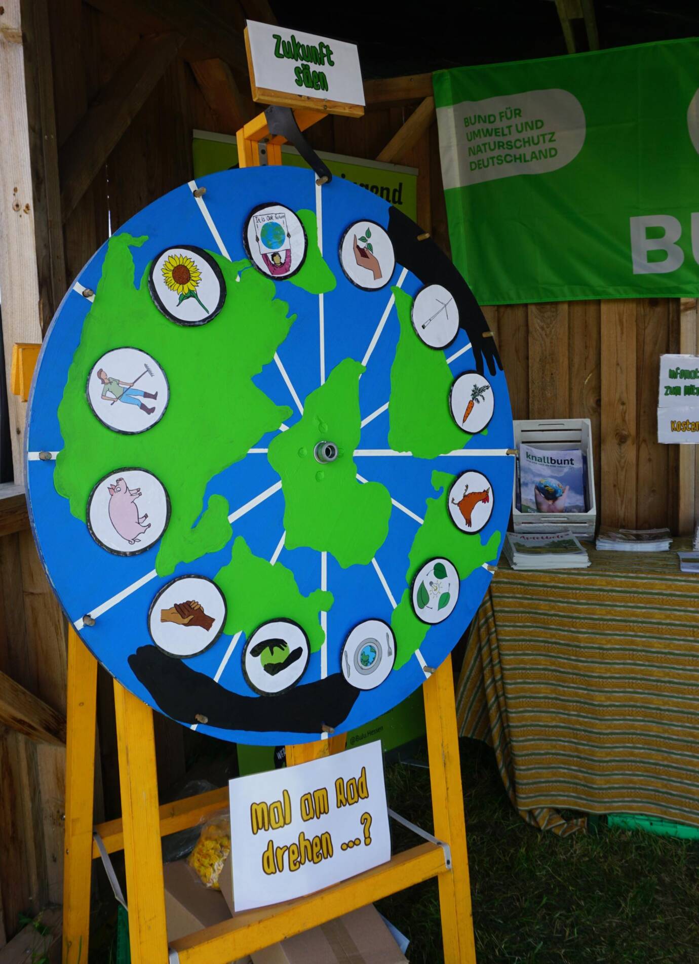 Glücksrad mit Umweltsymbolen auf grünem Marktstand.
