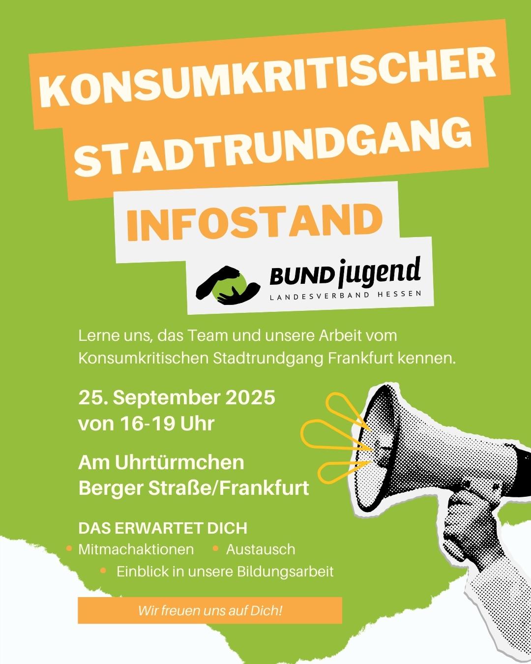 Infostand zu konsumkritischem Stadtrundgang in Frankfurt.