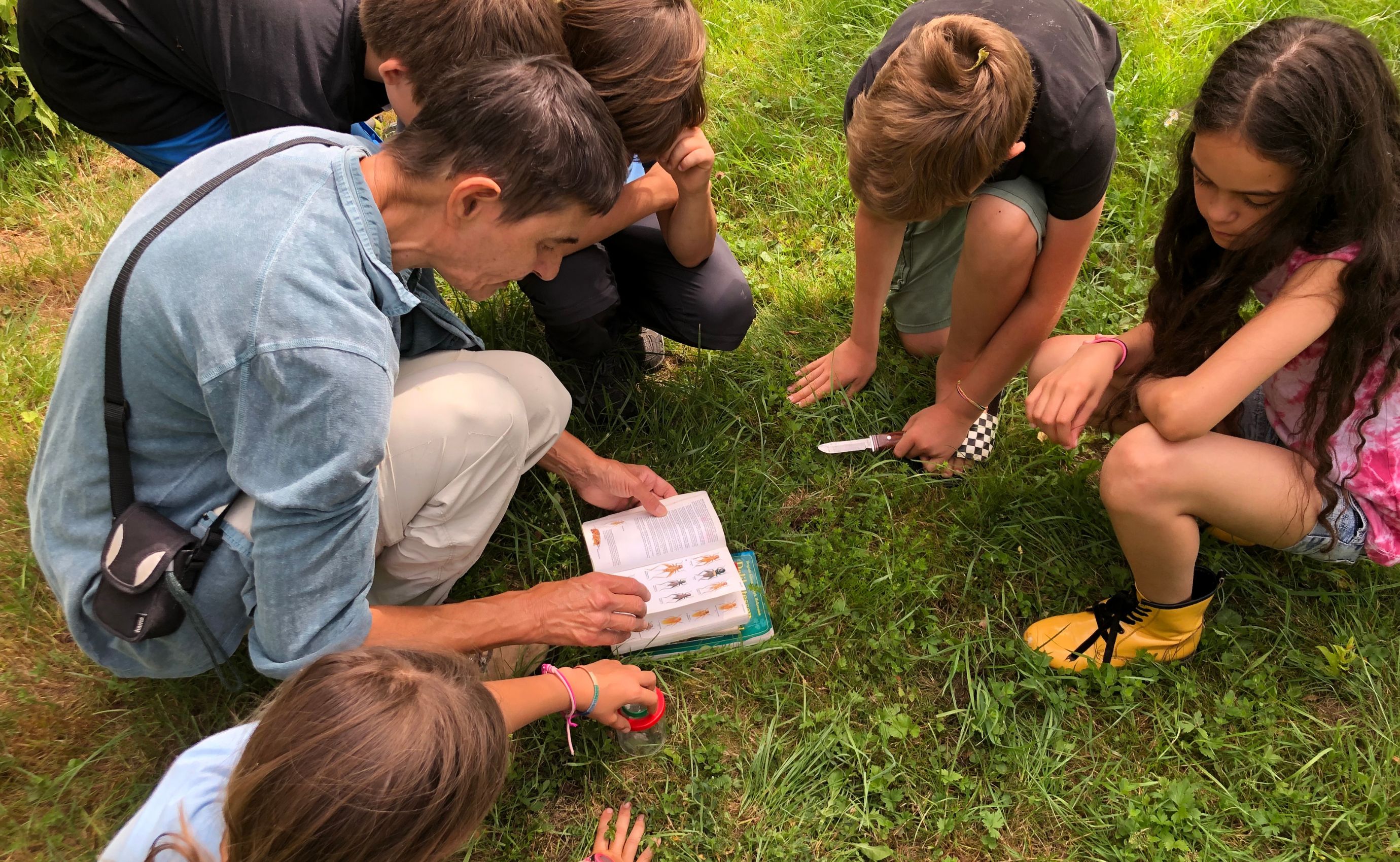 Kinder lernen mit einer Teamerin im Freien Pflanzen kennen.