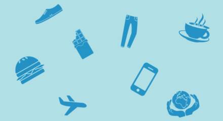 Coverbild mit verschiedenen Motiven: Flugzeug, Handy, Burger, Jeans,...