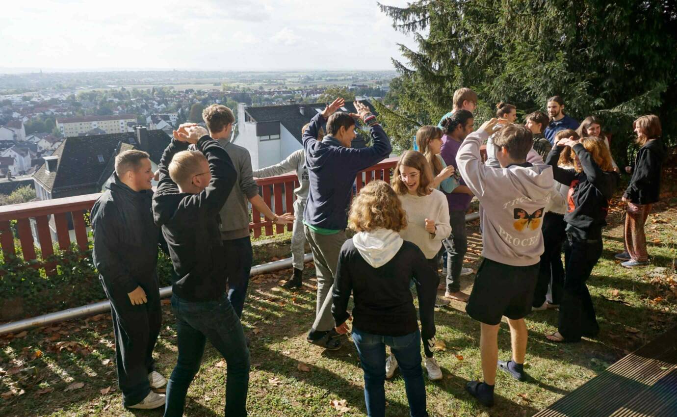 Gruppe junger Menschen tanzt draußen im Grünen.