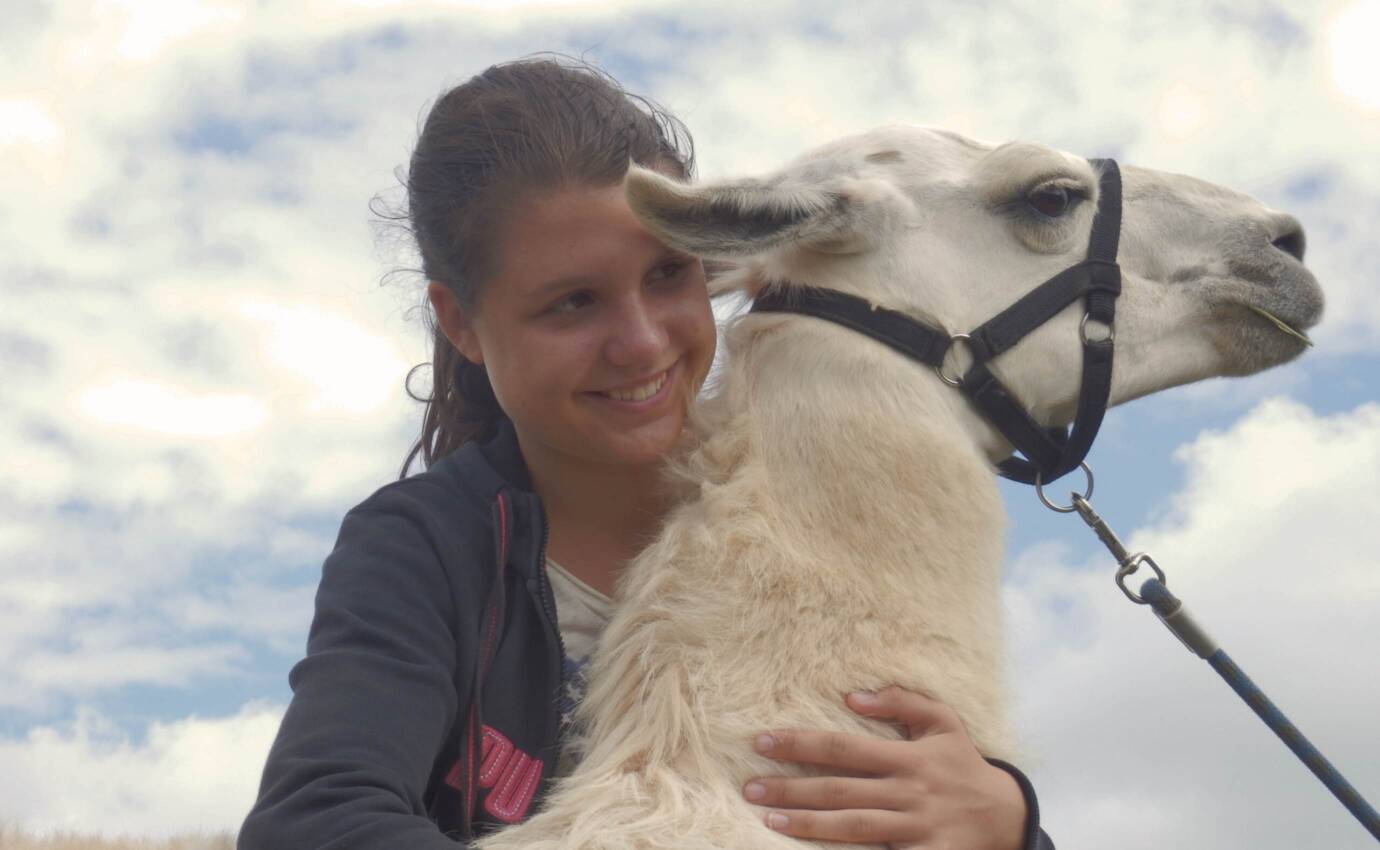 Lächelndes Mädchen mit einem Lama in der Natur.