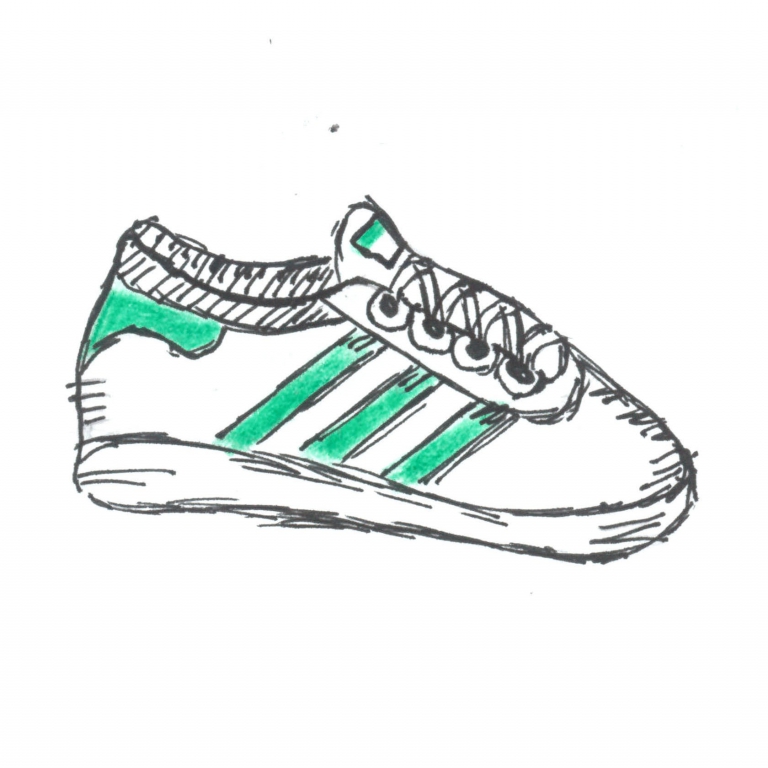 Gezeichneter Sportschuh mit grünen Akzenten.