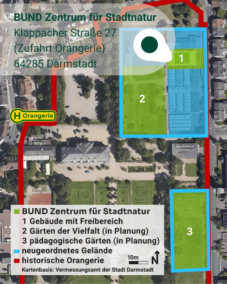 Karte wo das BUND Zentrum für Stadtnatur in Darmstadt abgebildet ist, in den Mauern der Orangerie.