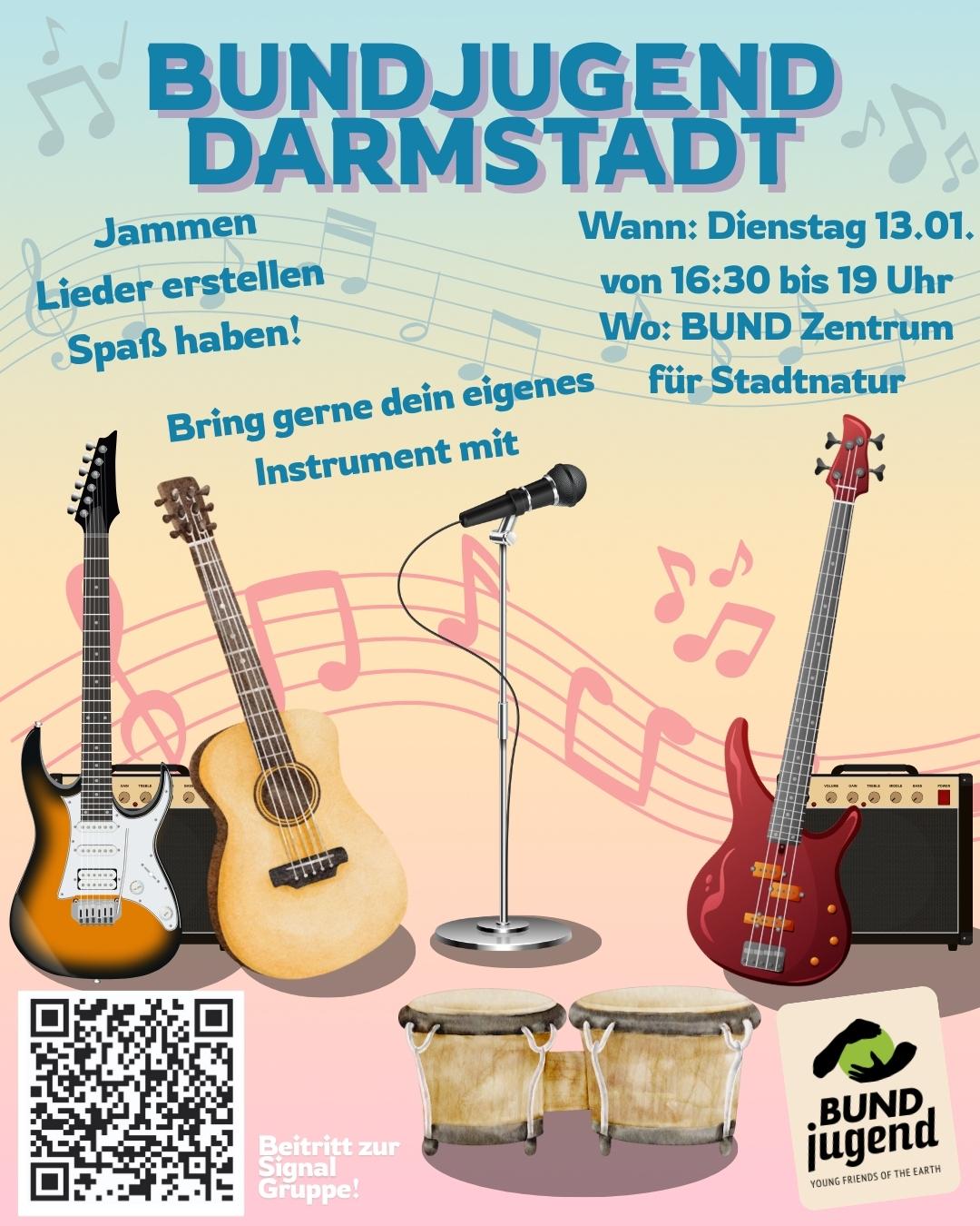 BUNDjugend Darmstadt, Musiktreffen. Instrumente sind zu sehen.