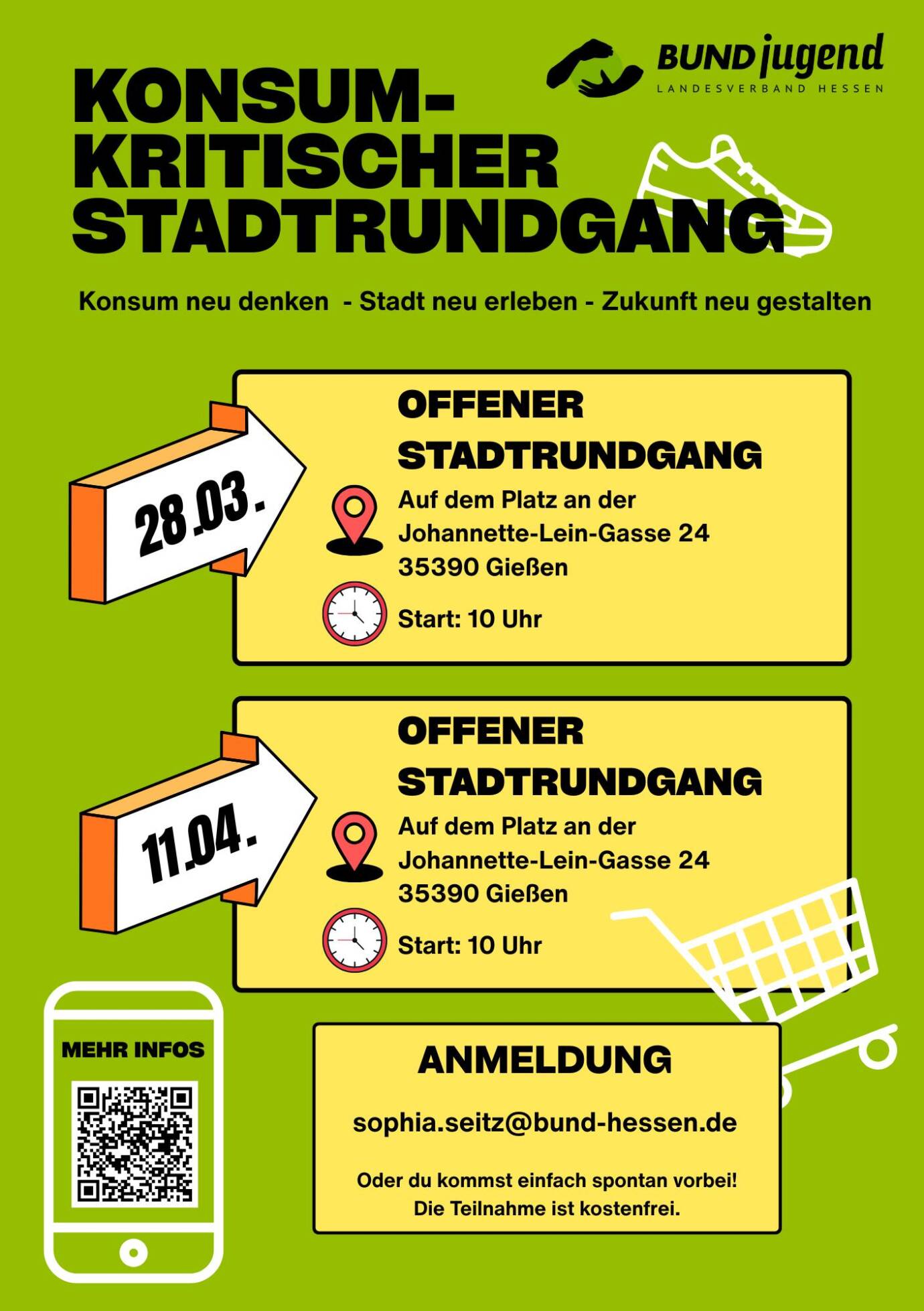 Plakat für konsumkritische Stadtrundgänge in Gießen. BUNDjugend Hessen.