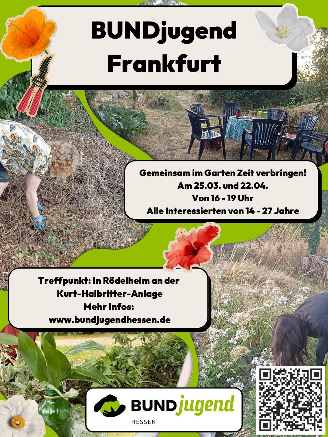 BUNDjugend Frankfurt trifft sich im Garten in Rödelheim. Es sind vier Bilder zu sehen. Alle bilden Natur ab. Im obersten Bild befindet sich ein Gartentisch mit Stühlen. In den beiden folgenden Bildern, befinden sich zudem zwei Menschen die Gartenarbeit leisten.