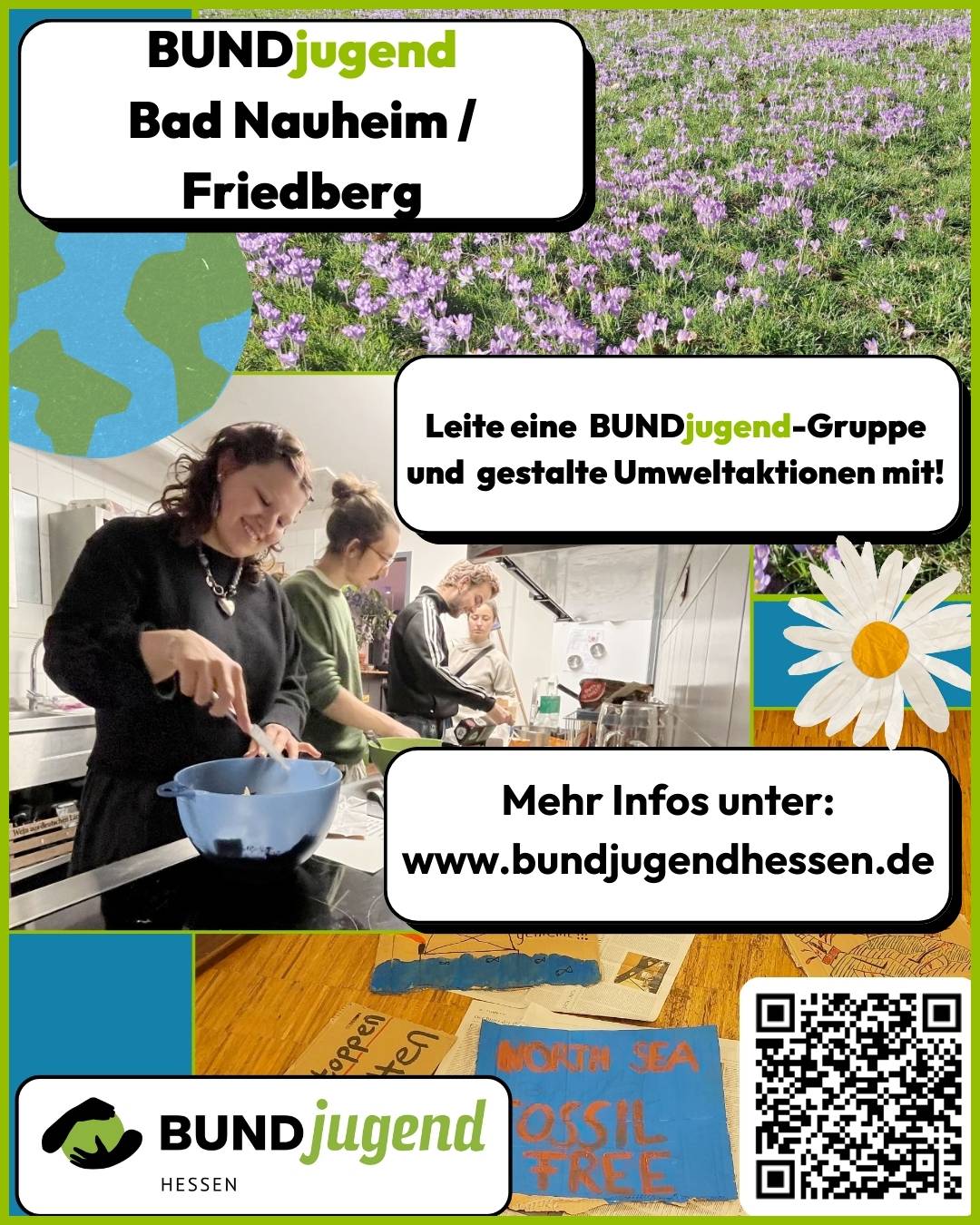 BUNDjugend Bad Nauheim/Friedberg. Es sind drei Bilder zu sehen. Oben rechts eine Krokus-Wiese, links-mittig, junge Menschen die backen und unten rechts Demo-Schilder.